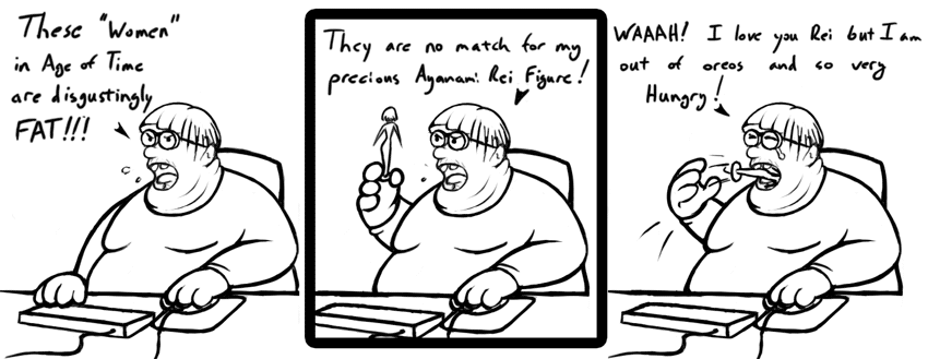 A comic about a fat guy eating an Ayanami Rei figurine
