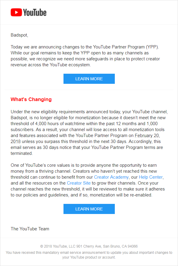 Youtube Partner Program Email