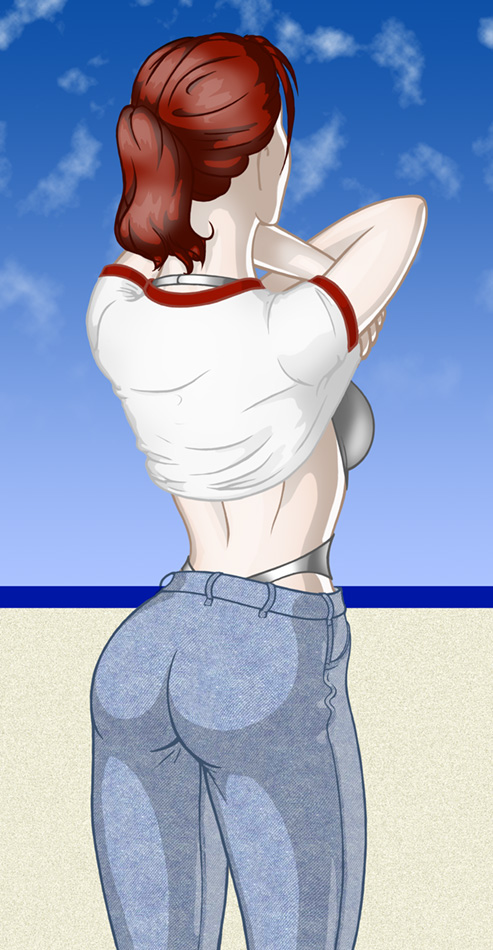 A drawing of a girl taking her shirt off at the beach, revealing a silver key-hole style one piece swimsuit